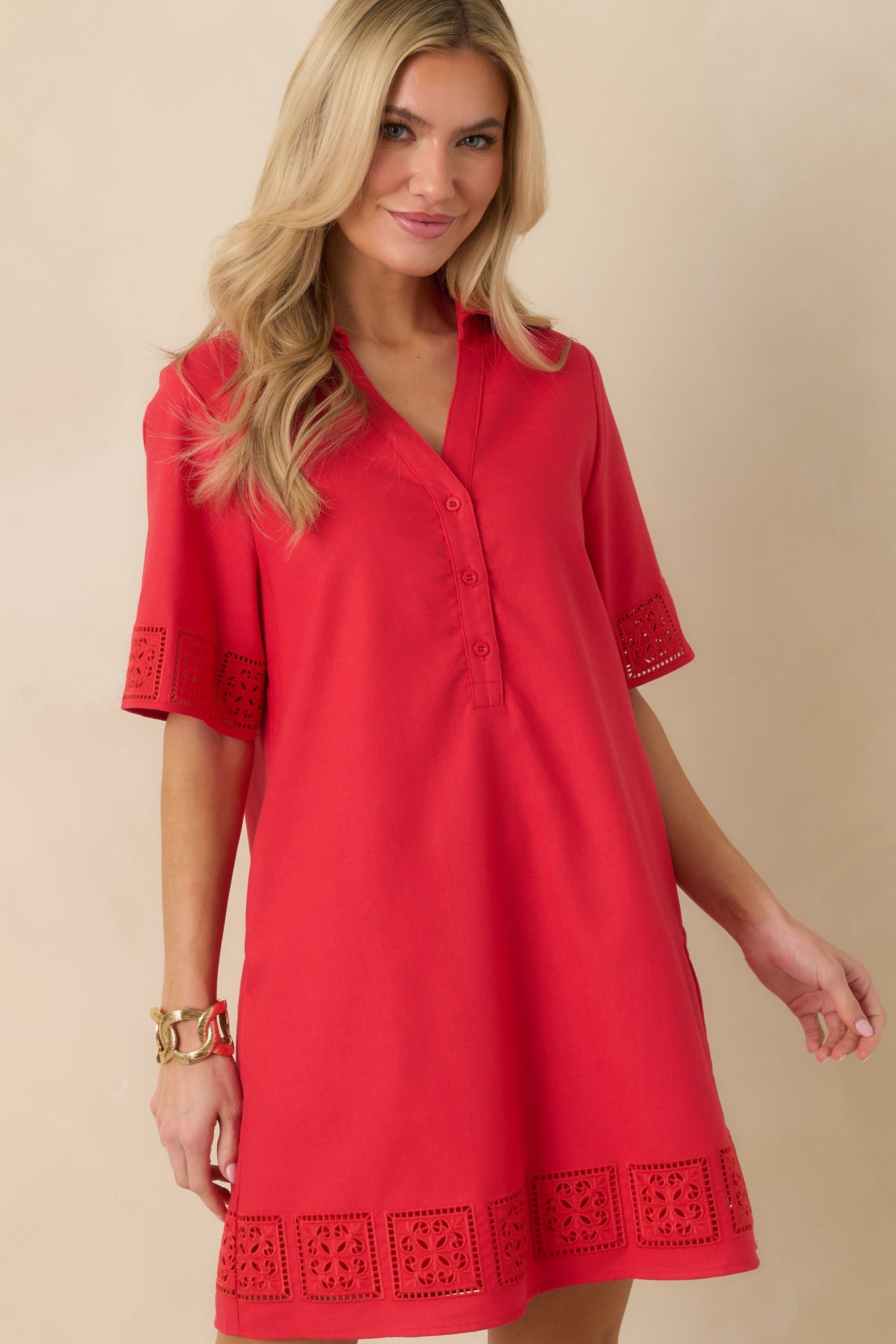 Something About You Red Cotton Blend Cut Out Detail Mini Shirt Dress