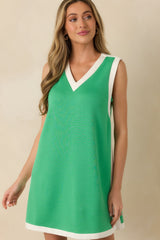 Well Defined Green Jersey Knit Contrast Trim Sleeveless Mini Dress