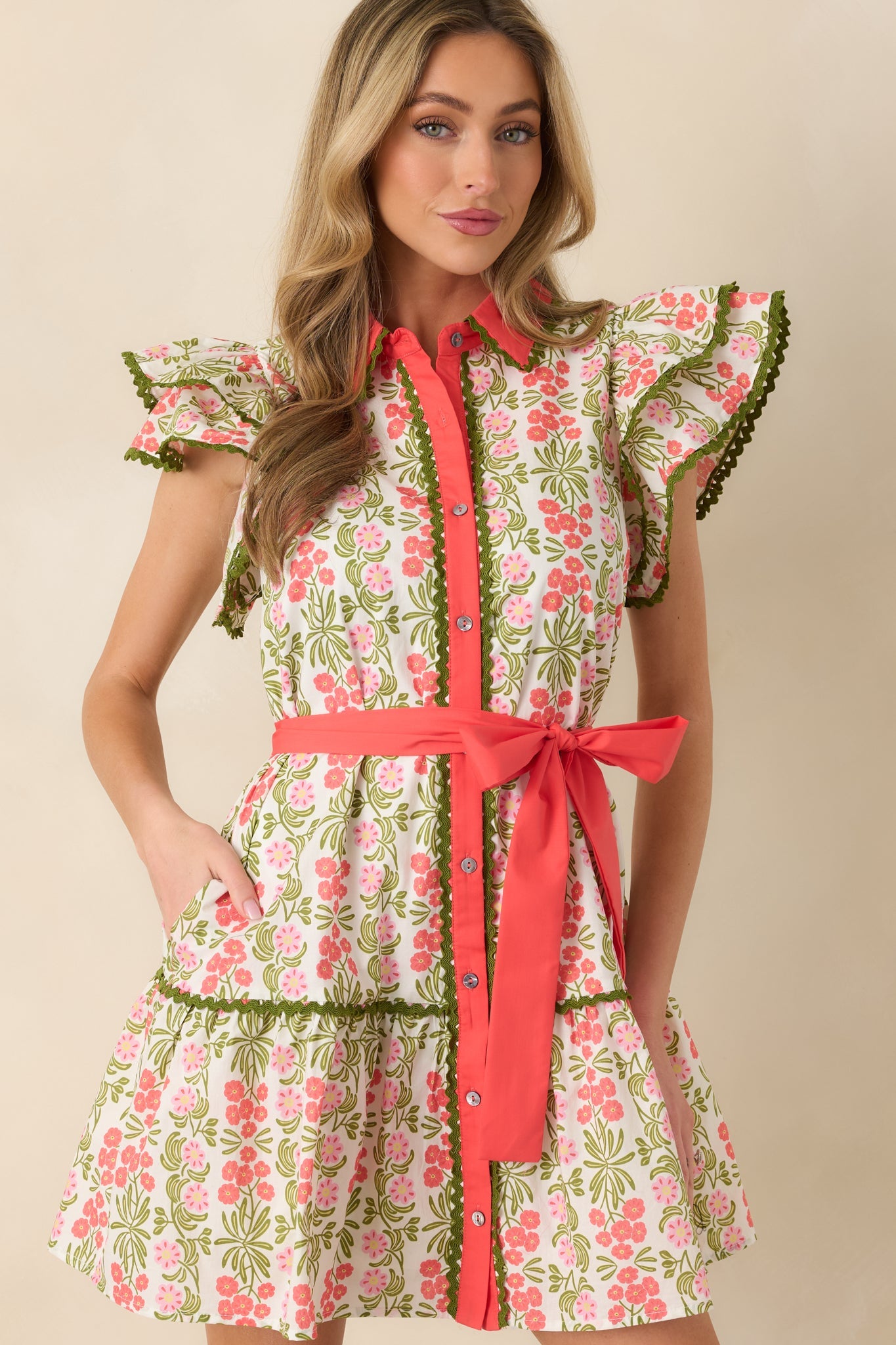 Missing The Point Coral Pink Floral Cotton Button Front Mini Dress