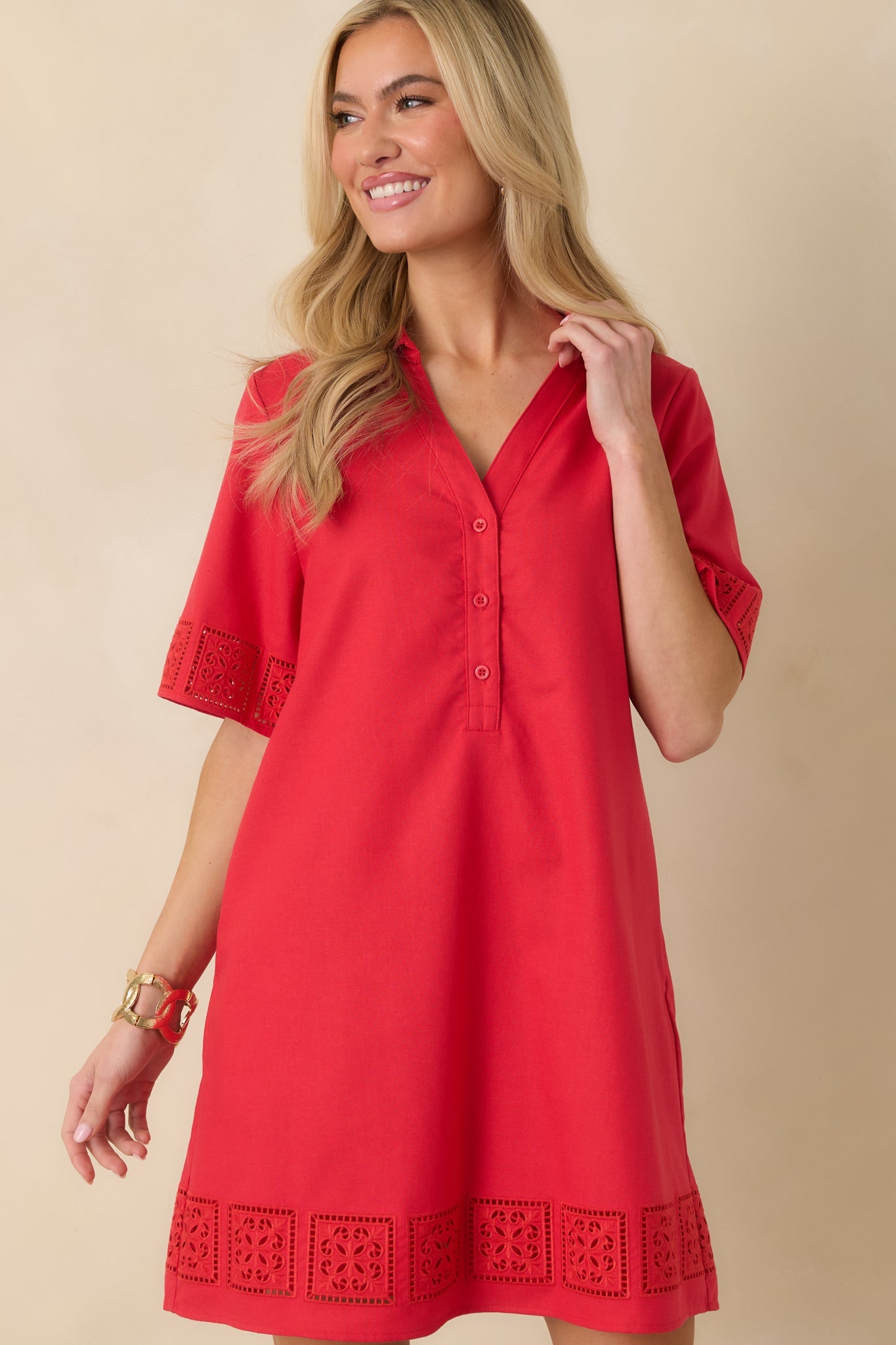 Something About You Red Cotton Blend Cut Out Detail Mini Shirt Dress