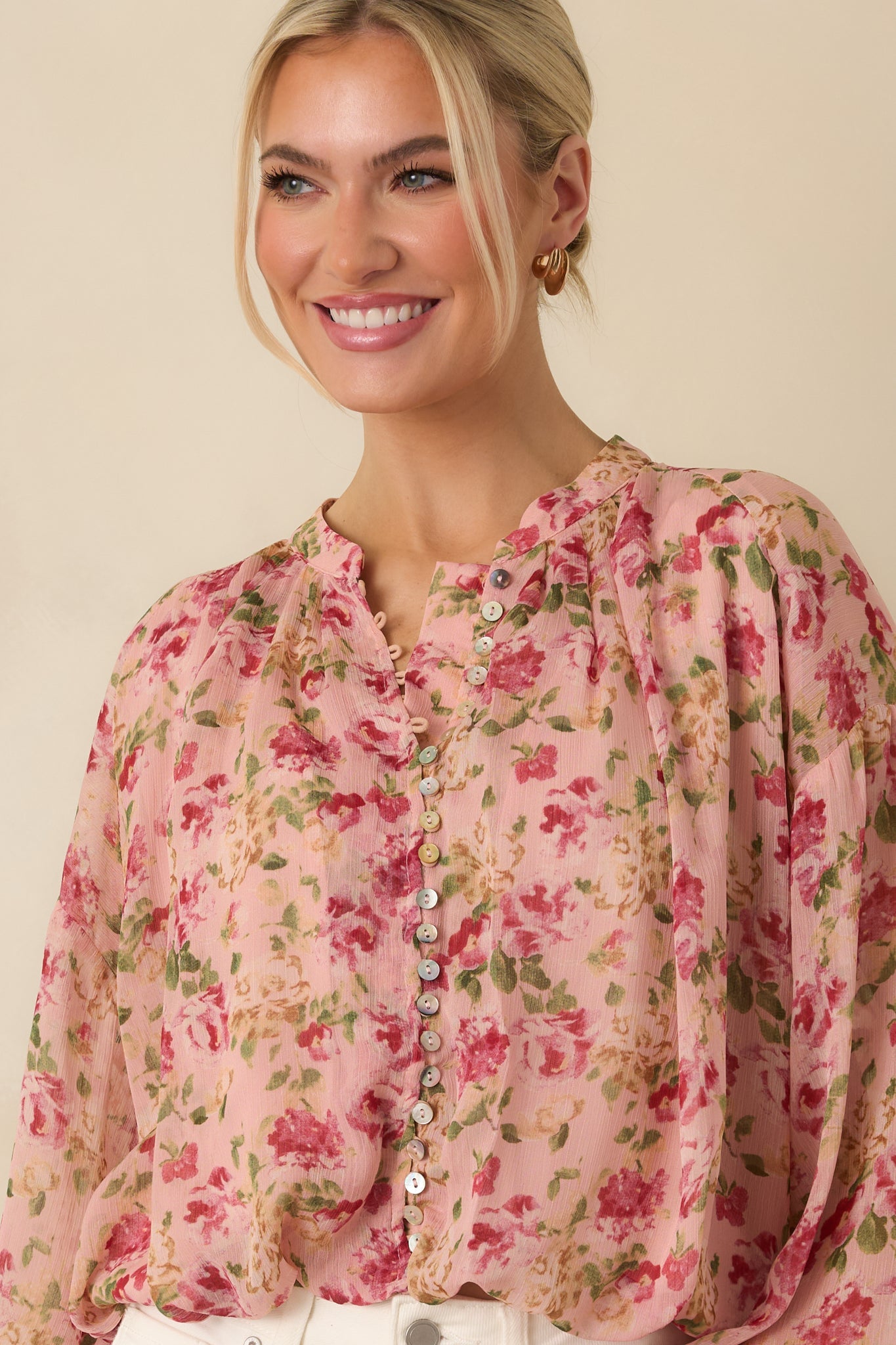 Where Roses Drift Blush Pink Multi Floral Sheer Blouse