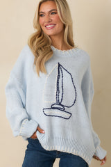 Set Your Course Light Blue Knit Embroidered Sailboat Sweater