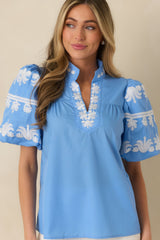 True to You Blue Embroidered Detail Puff Sleeve V-Neck Top
