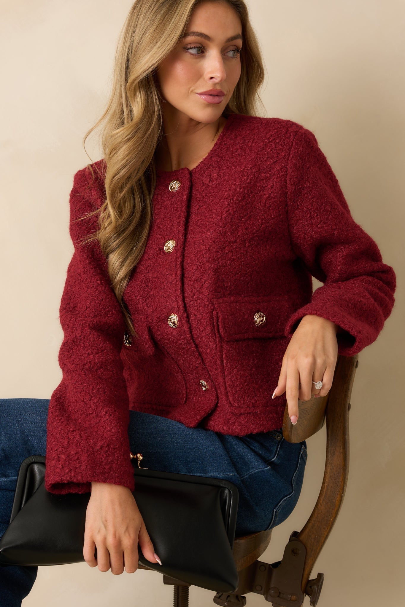 Whispered Warmth Cherry Red Bouclé Button Front Jacket