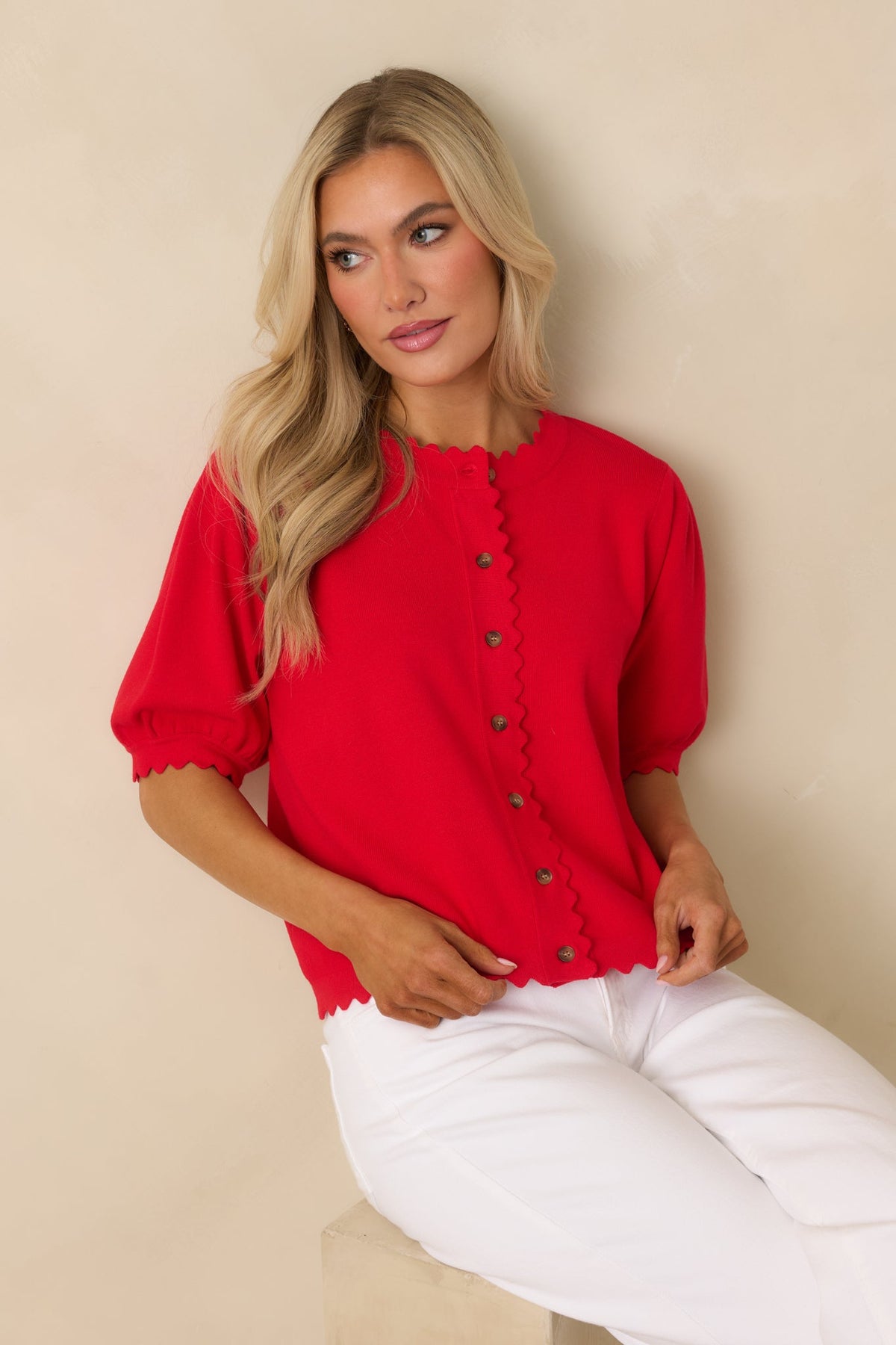 Simply So Cute Red Knit Scalloped Edge Puff Sleeve Button Up Cardigan