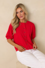 Simply So Cute Red Knit Scalloped Edge Puff Sleeve Button Up Cardigan