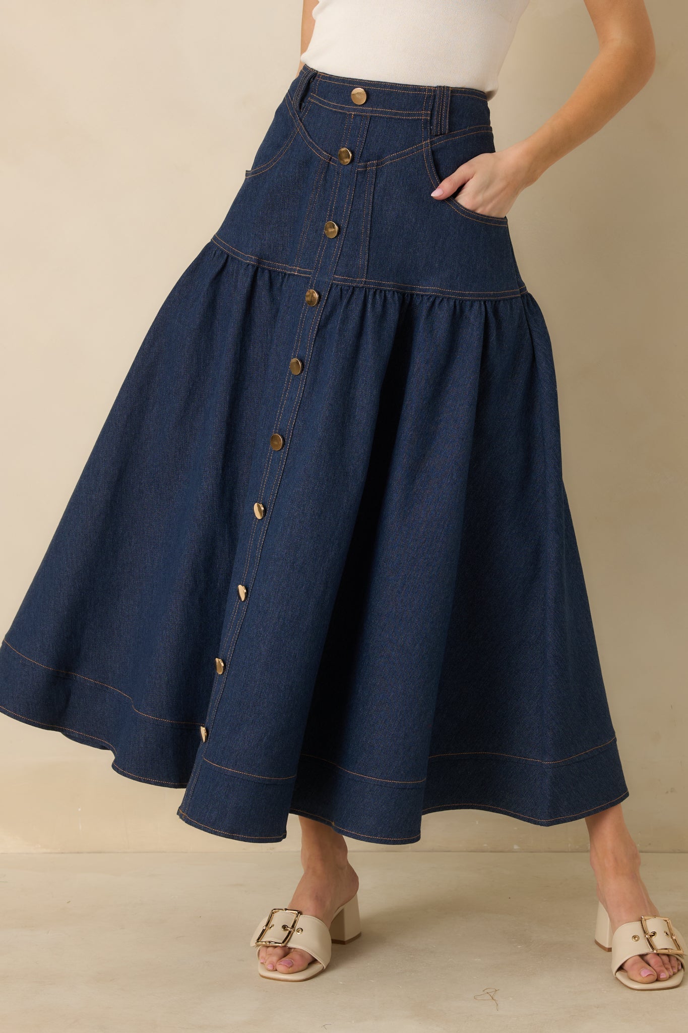 Town & Country Dark Wash Denim Button-Down Maxi Skirt
