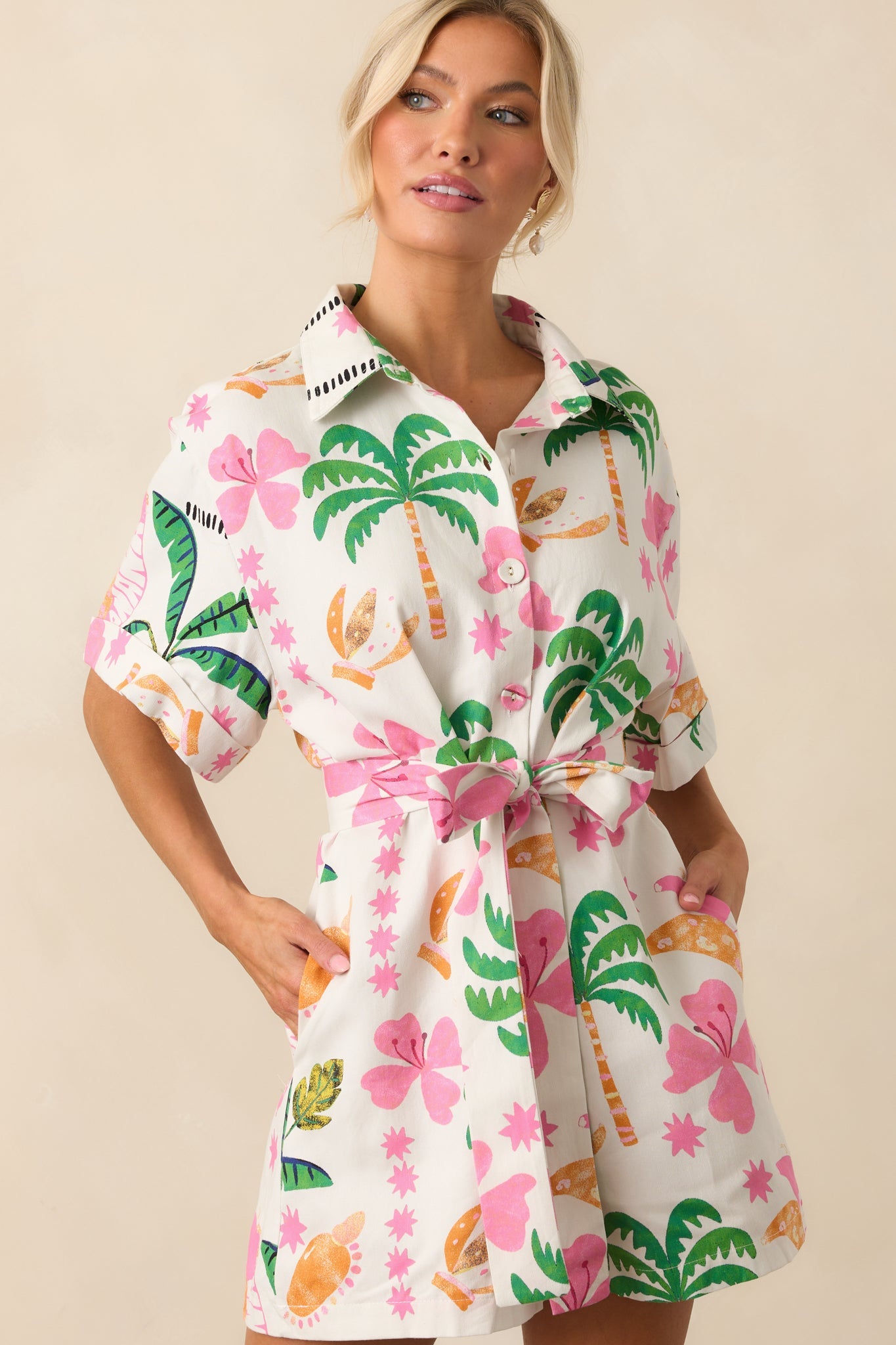 We Should Stay White Tropical Print Cotton Short Sleeve Romper