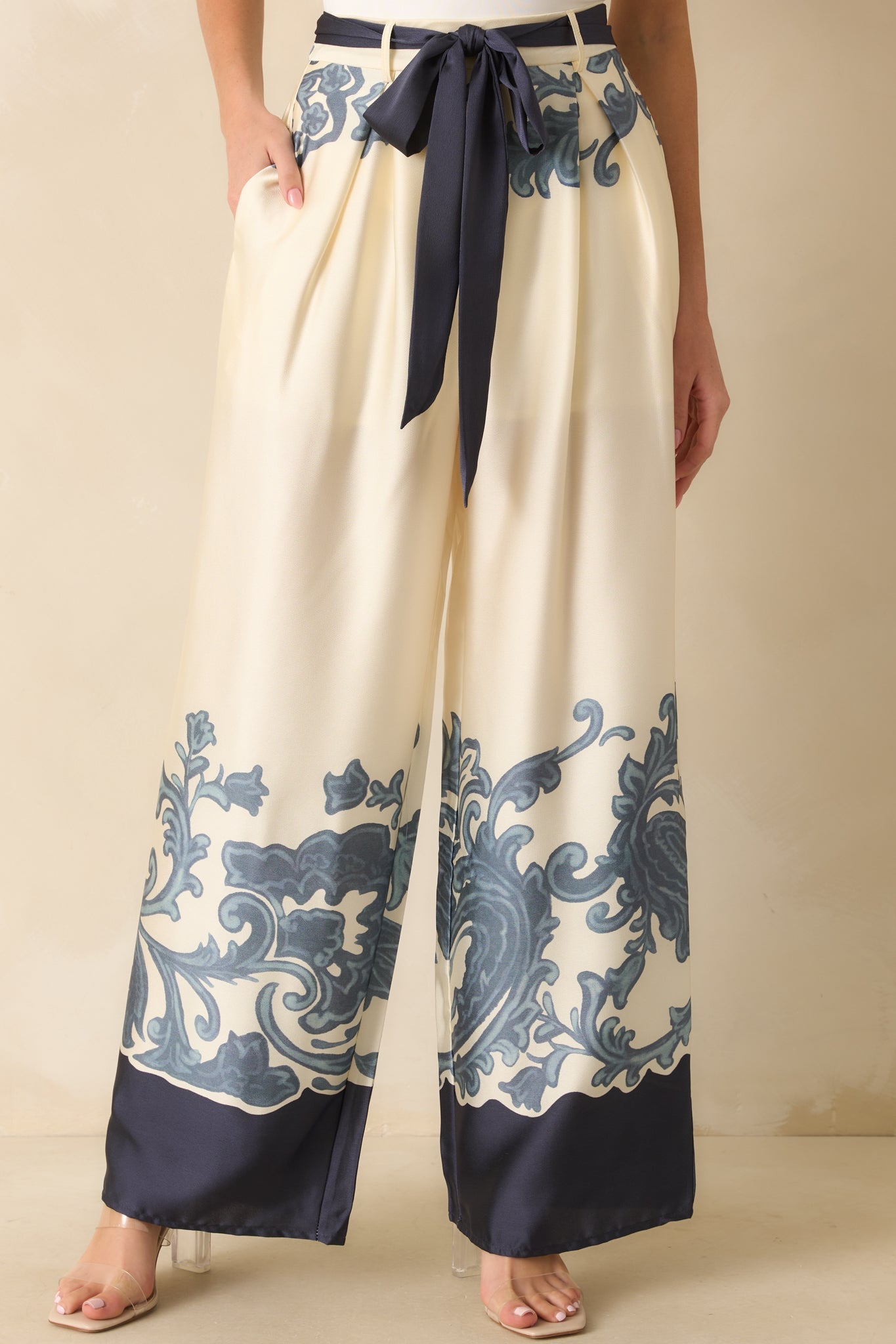 The Whole Picture Navy Multi Print Belted Wide Leg Pants