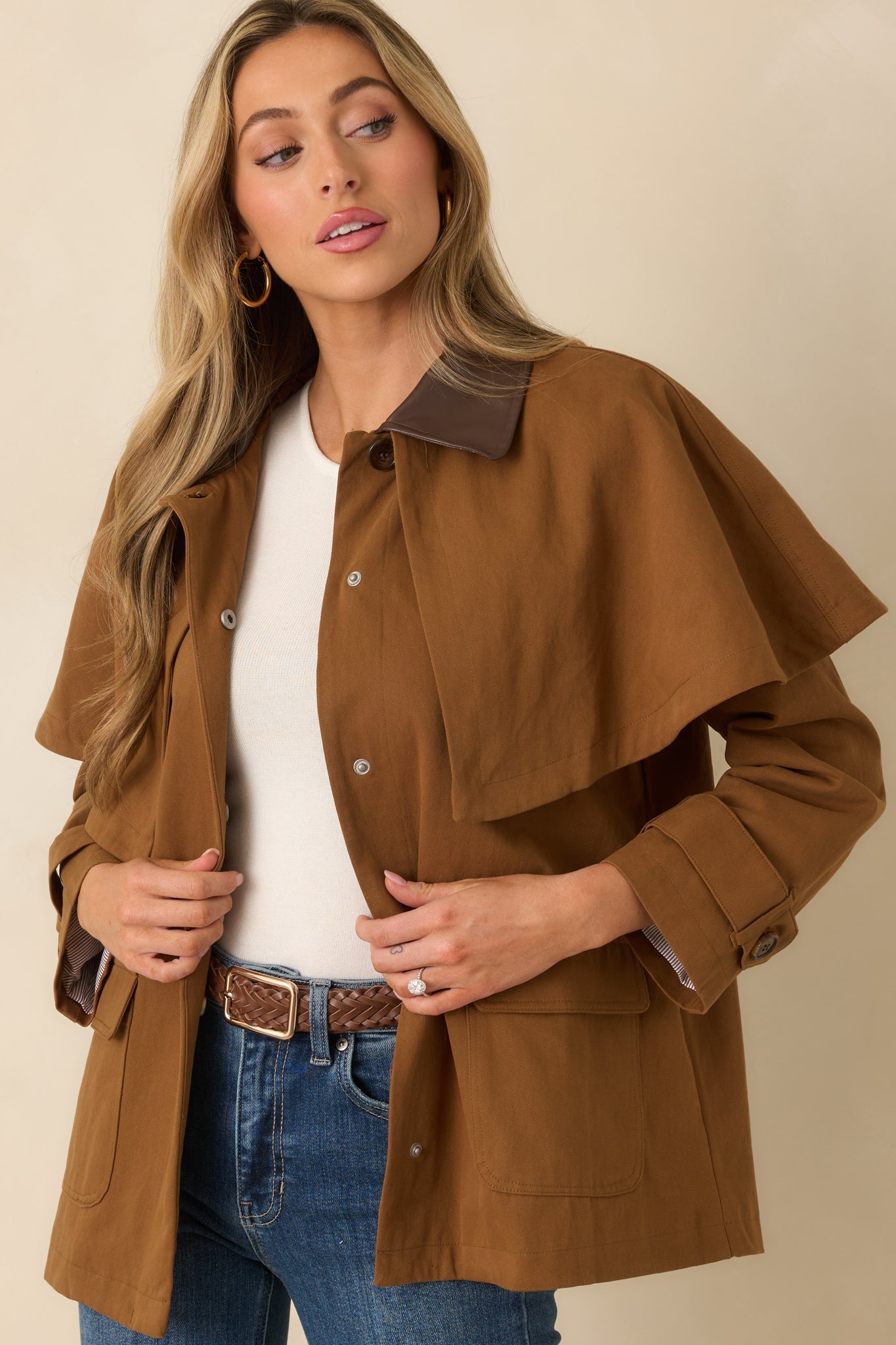Well Traveled Ways Brown Cotton Cape Back Utility Jacket