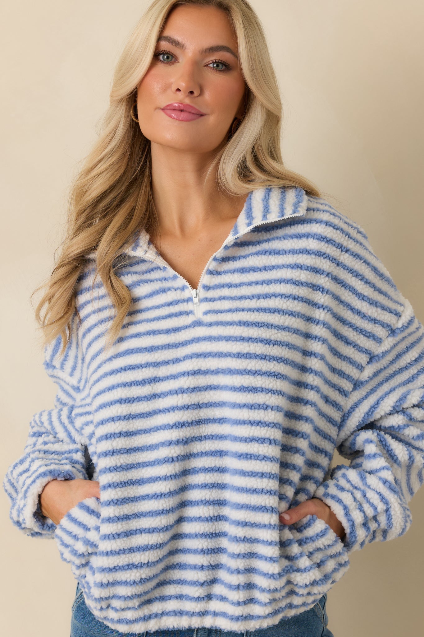 In the Clear Blue Stripe Bouclé Quarter-Zip Pullover