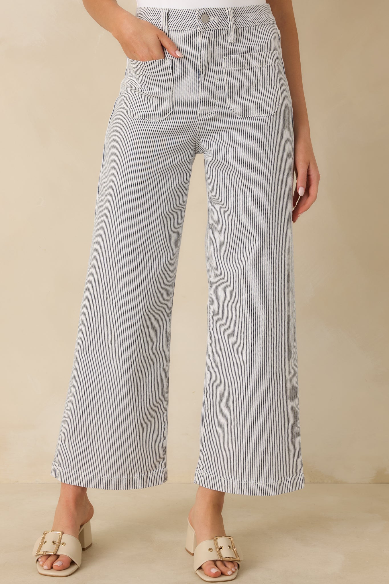Right Where We Are Navy Stripe Cotton High Waisted Wide Leg Jeans
