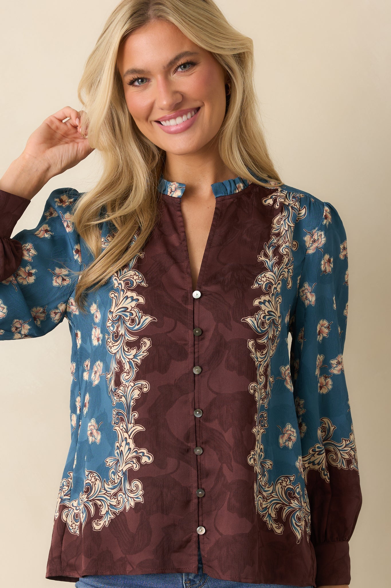 Hold Your Own Blue Multi Floral Print Long Sleeve Button Up Shirt