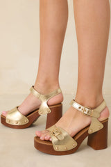 Built to Shine Gold Metallic Buckle Strap Platform Block Heels