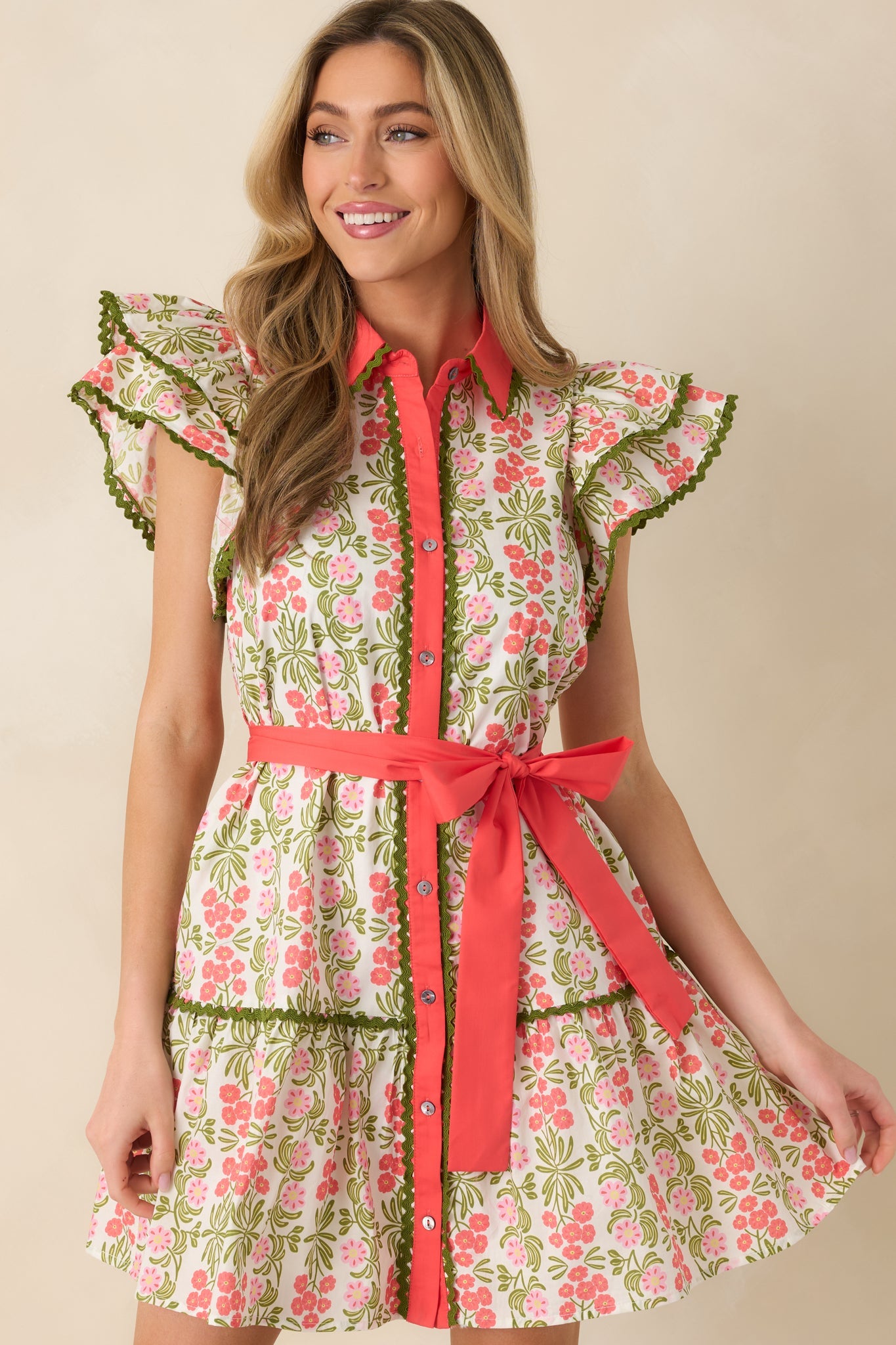 Missing The Point Coral Pink Floral Cotton Button Front Mini Dress