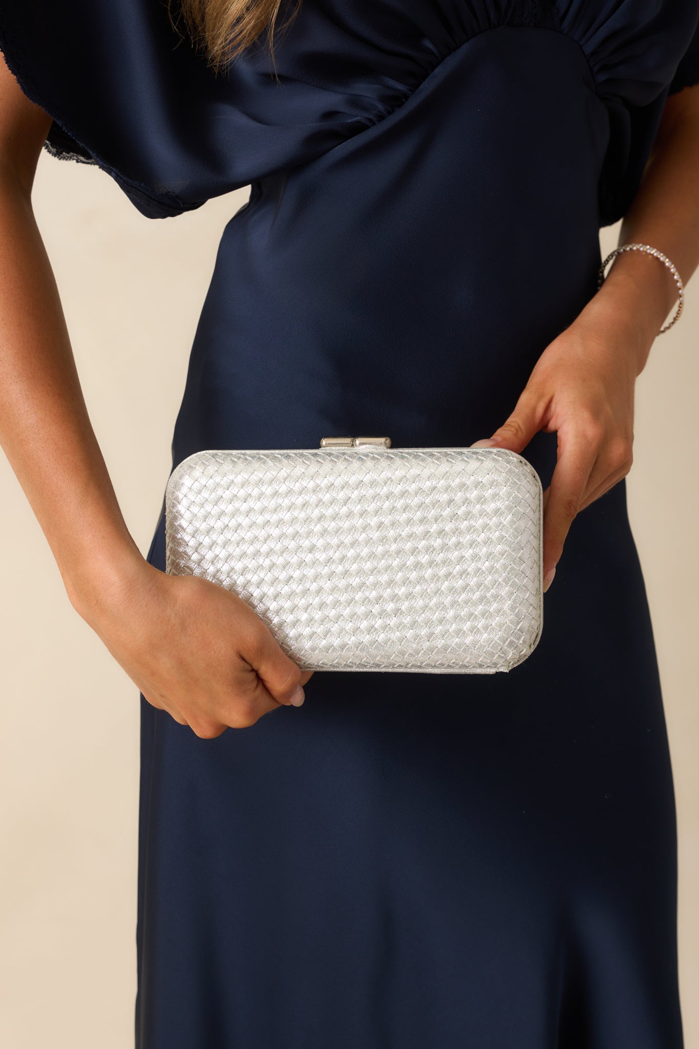 Truth Be Told Silver Metallic Woven Structured Clutch Handbag