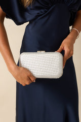 Truth Be Told Silver Metallic Woven Structured Clutch Handbag