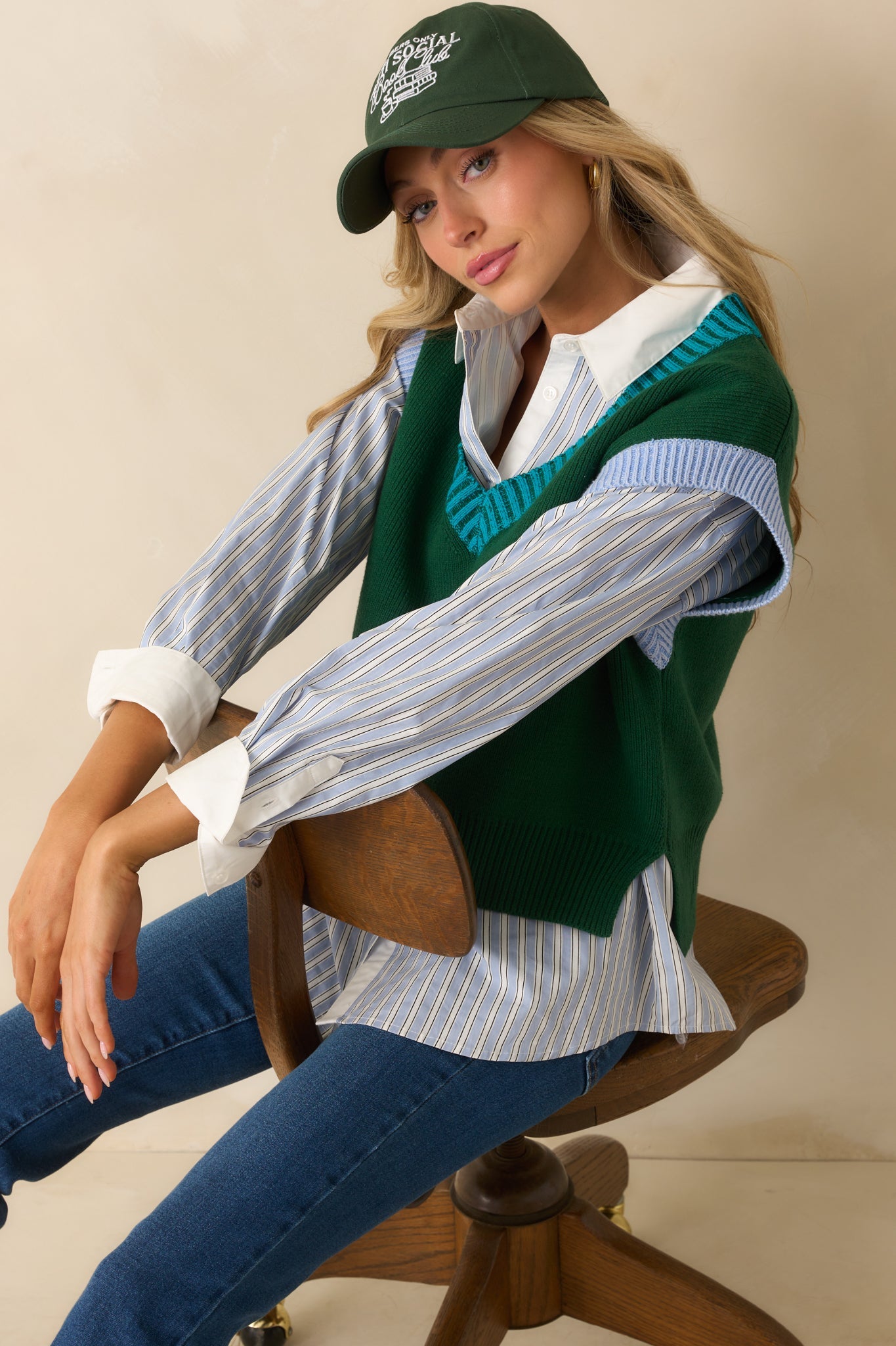 Stayed The Same Hunter Green Cotton Contrast Trim Sweater Vest