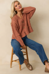 For Old Time's Sake Terracotta Cable Knit Button Up Cardigan