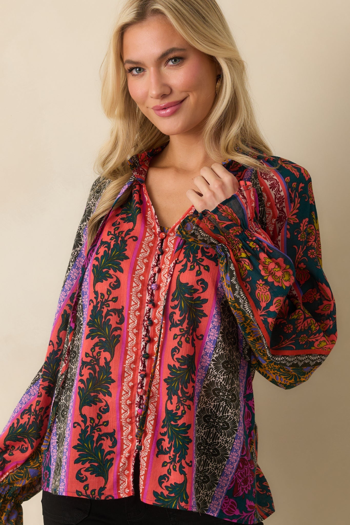 In Her Own Way Dark Teal Multi Patchwork Print Cotton Blouse