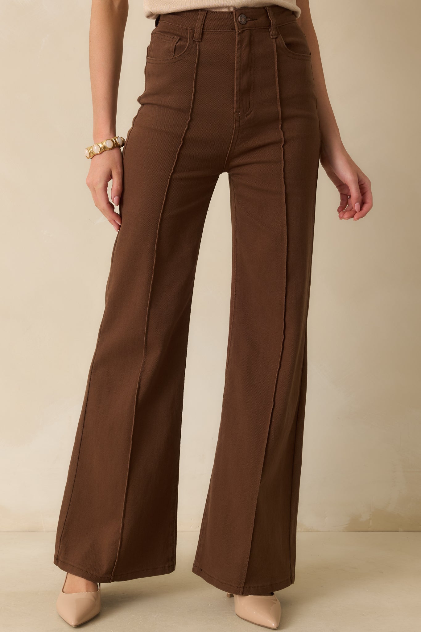 Already Over It Brown Cotton High Waisted Wide Leg Flare Jeans
