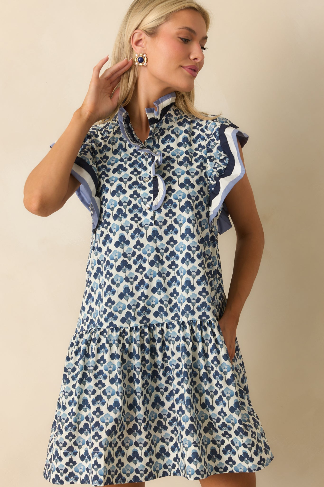 Through And Through Blue Multi Floral Print Cotton Mini Dress