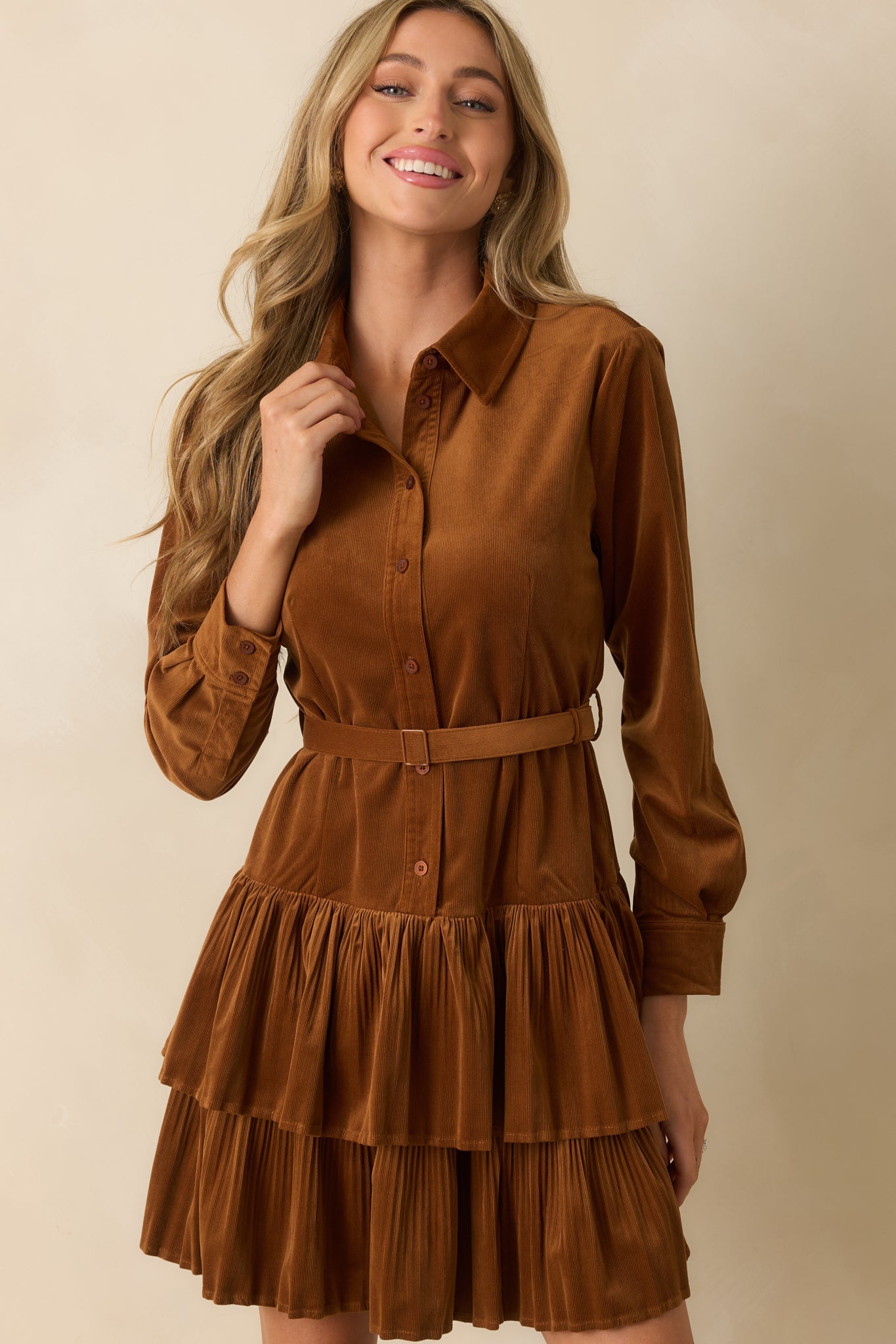 Against The Grain Caramel Brown Corduroy Belted Mini Shirt Dress
