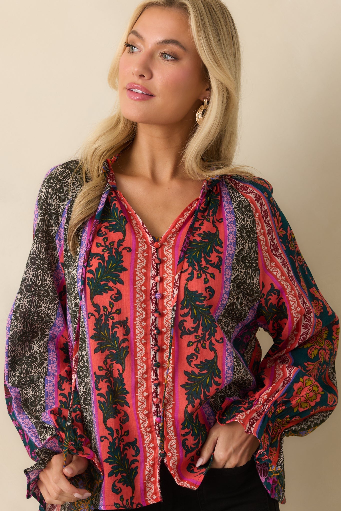 In Her Own Way Dark Teal Multi Patchwork Print Cotton Blouse