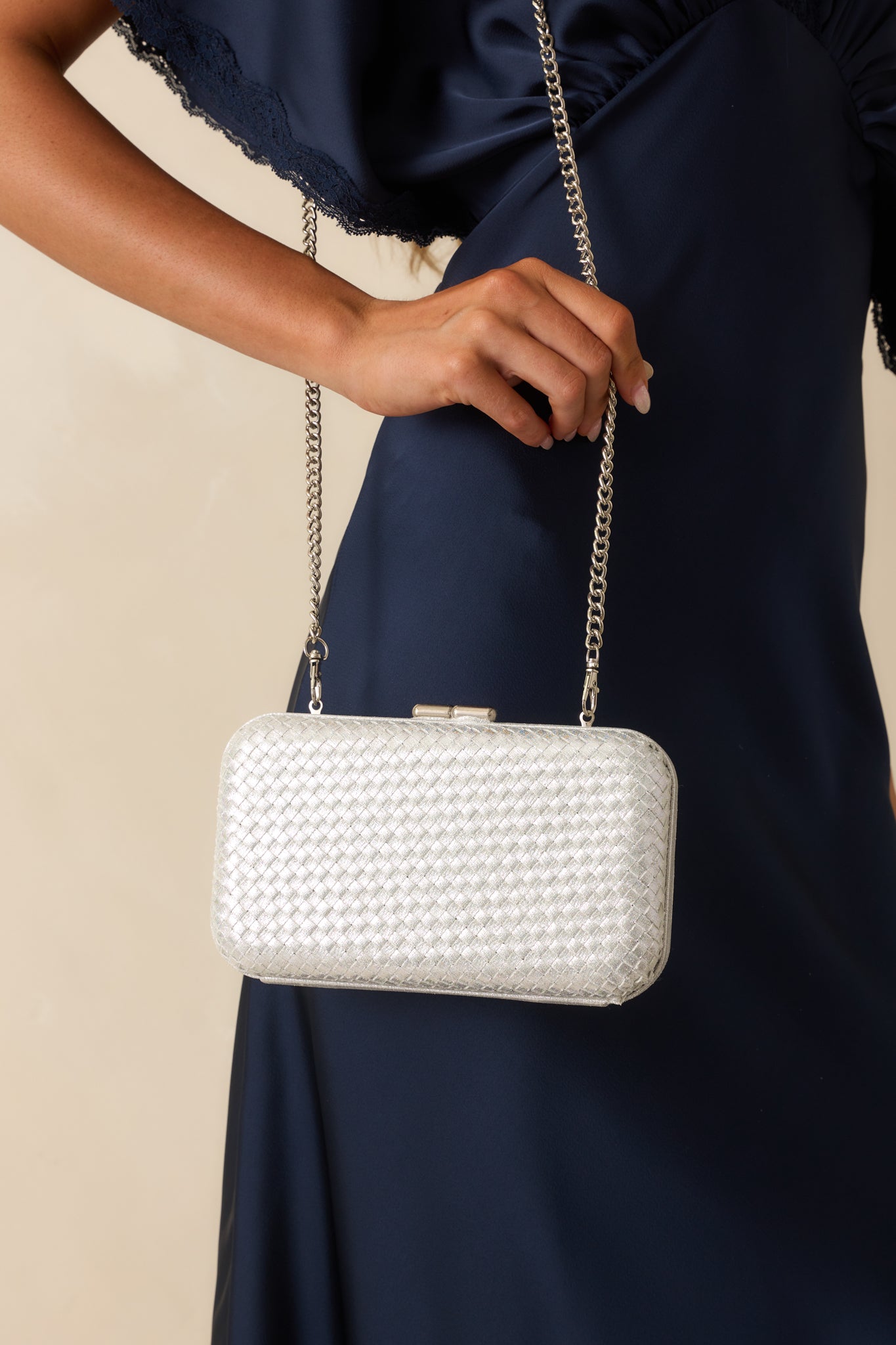Truth Be Told Silver Metallic Woven Structured Clutch Handbag
