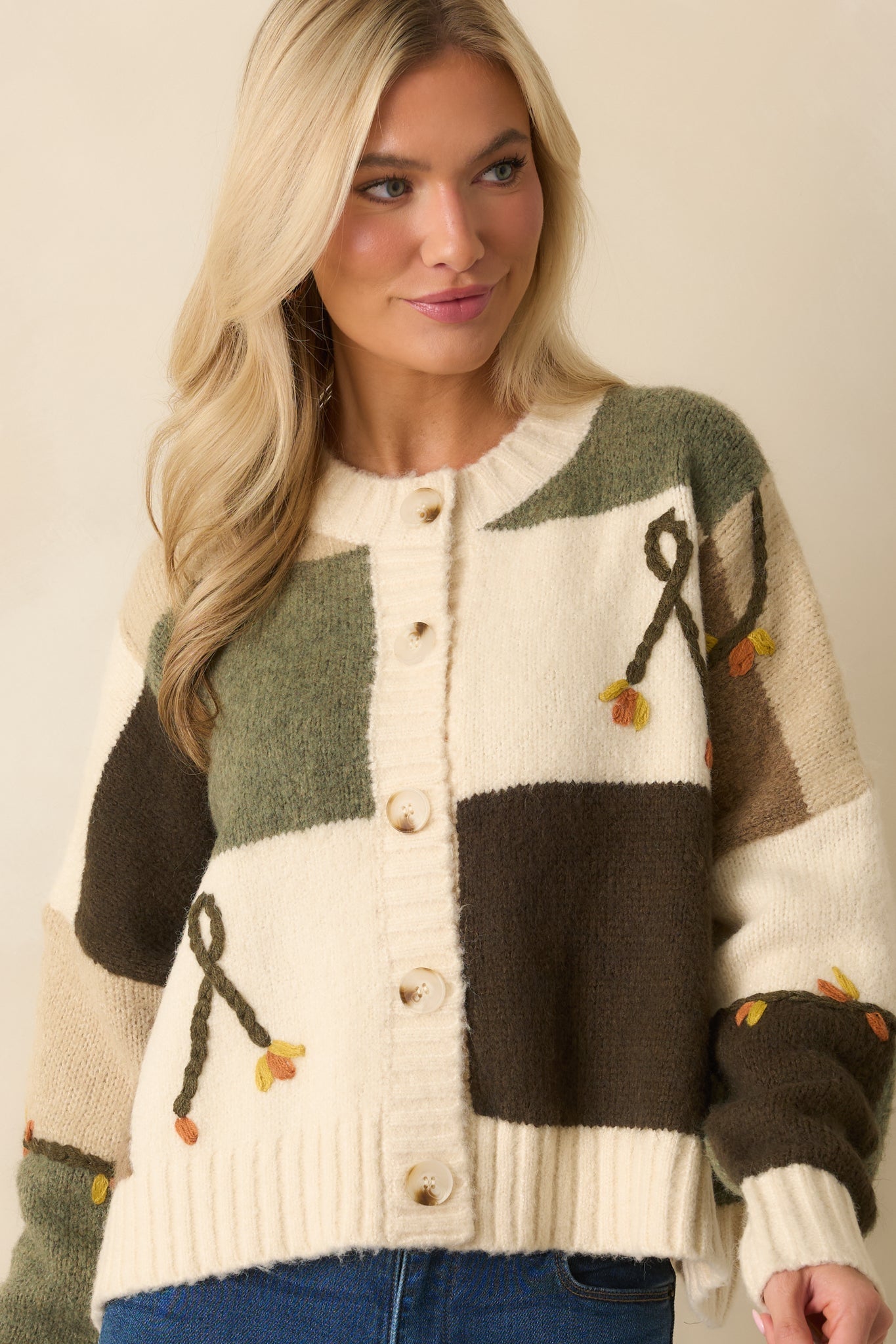 I'll Be Right Here Ivory Multi Floral Embroidered Button Front Cardigan