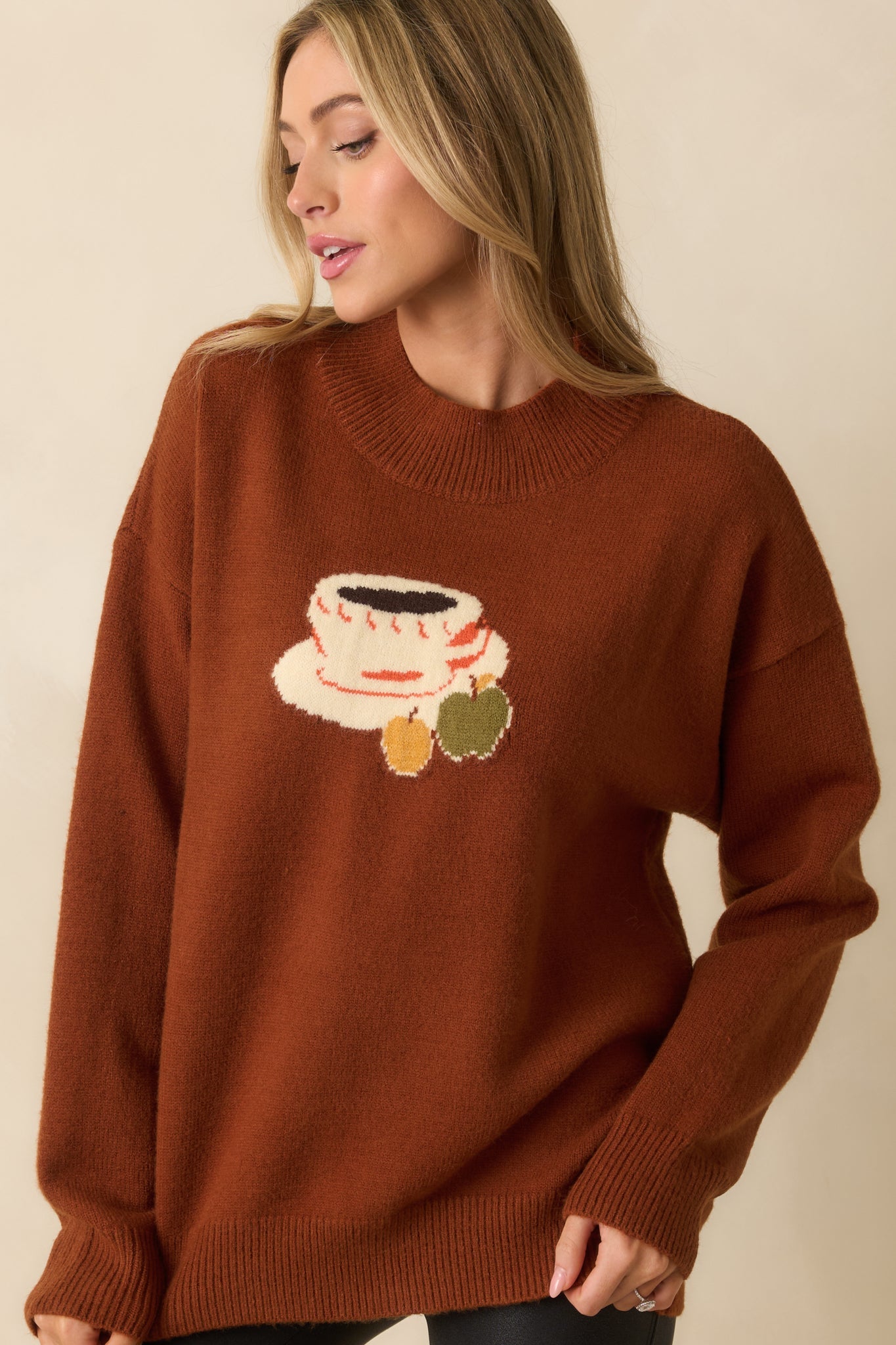 Another Town Over Rust Brown Coffee Cup Knit Crewneck Sweater