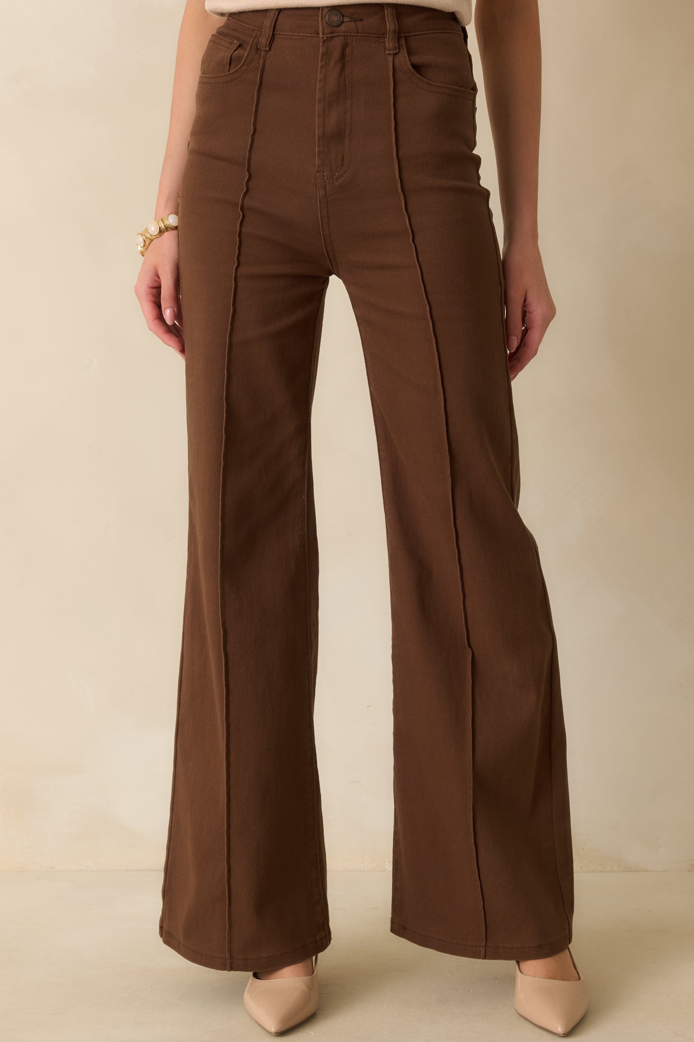 Already Over It Brown Cotton High Waisted Wide Leg Flare Jeans