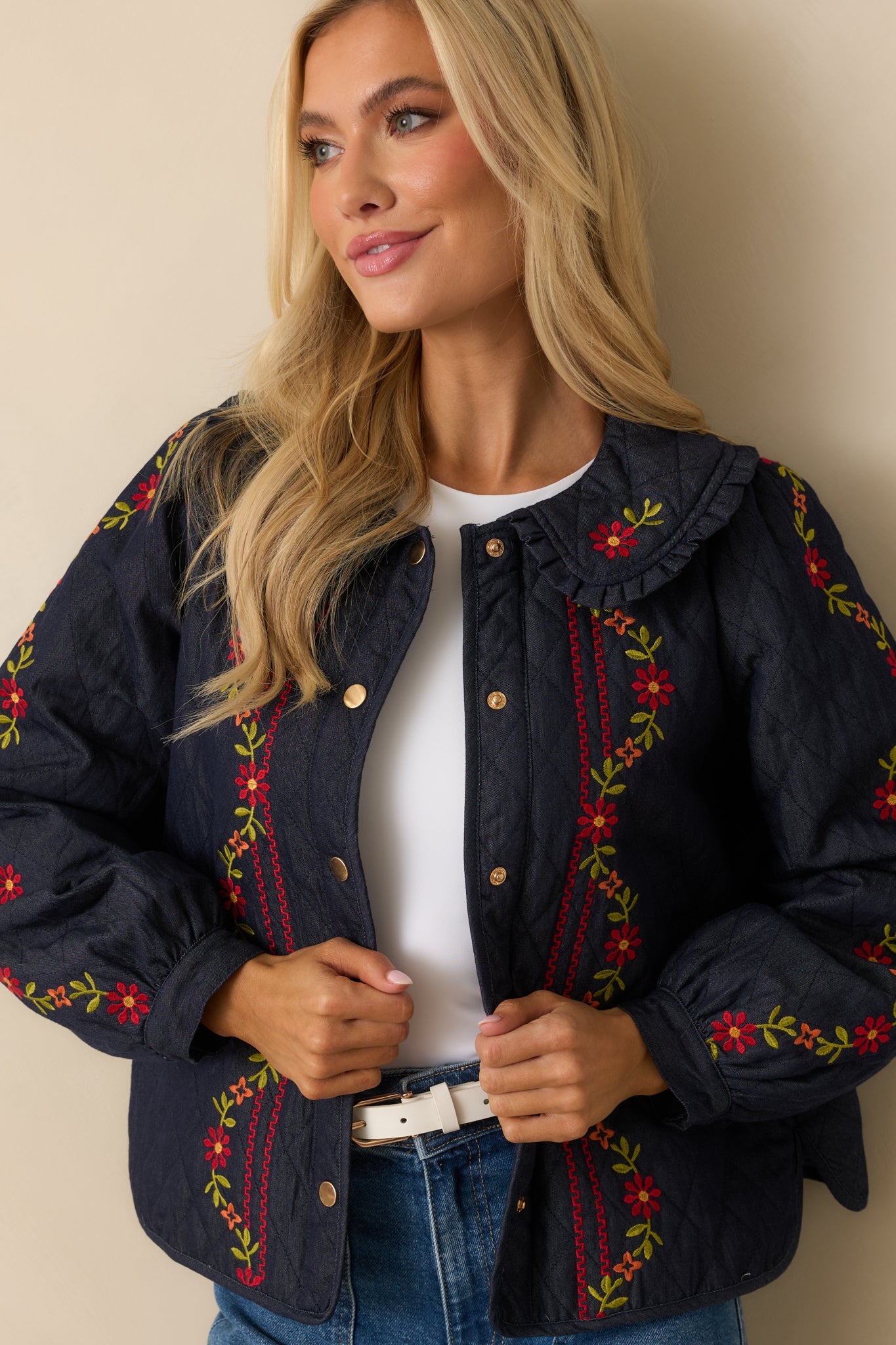 Wildflower Trails Dark Indigo Denim Quilted Embroidered Button Up Jacket
