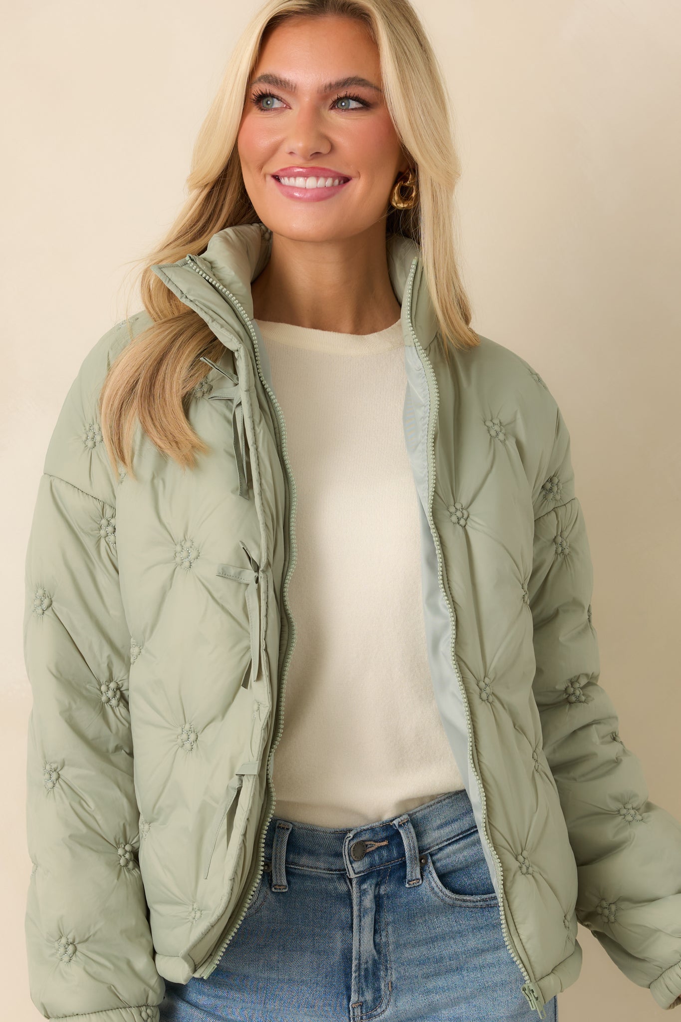 Wrapped Up In You Sage Green Quilted Puffer Jacket
