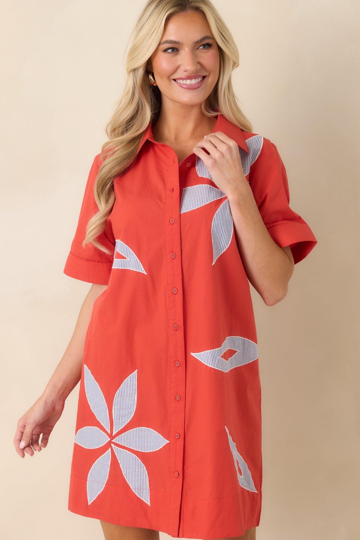 Bloom & Be Seen Poppy Red Cotton Floral Applique Mini Shirt Dress