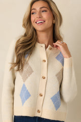 Goes Without Saying Natural Multi Knit Argyle Button Up Cardigan Sweater