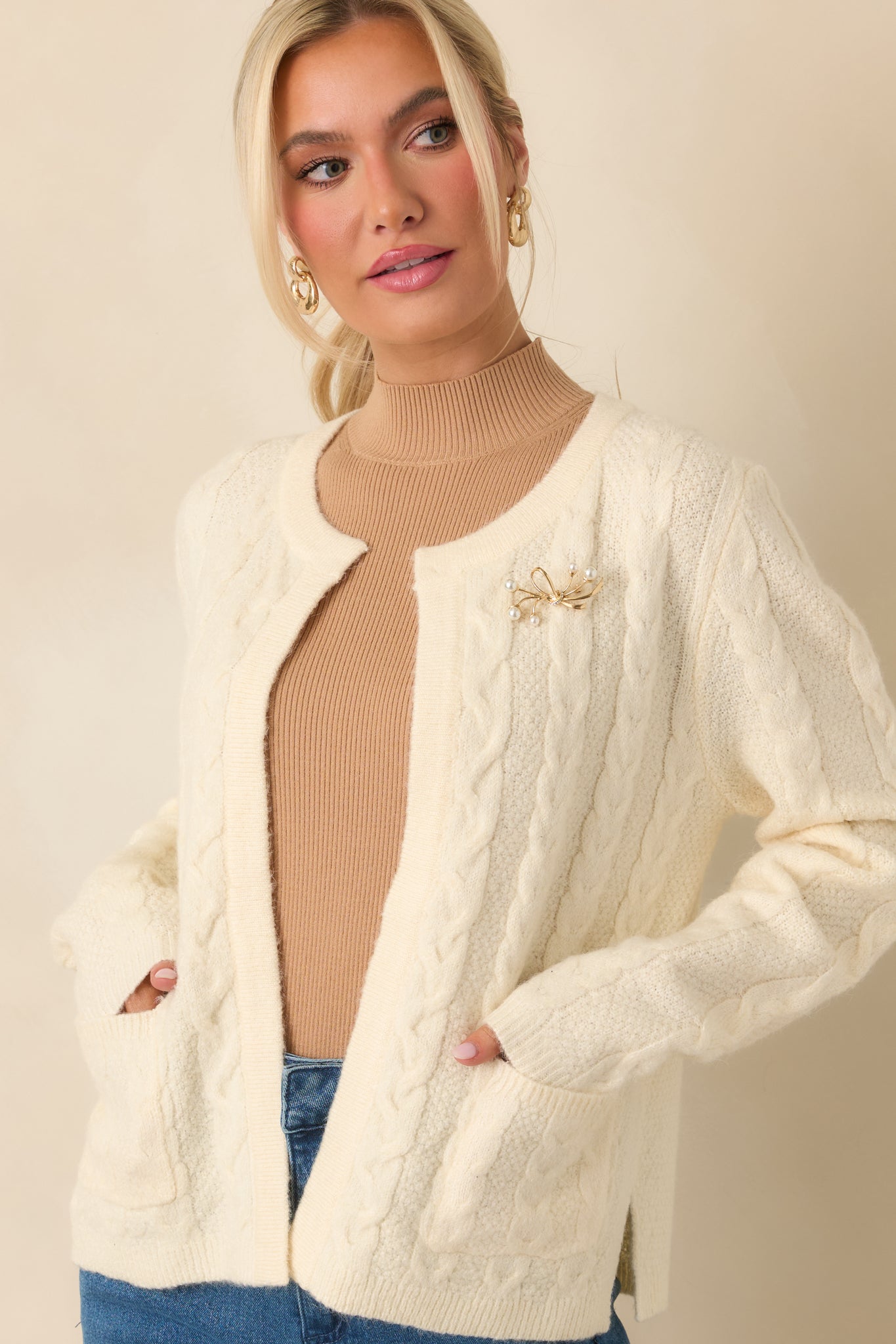 Just Like This Ivory Cable Knit Open Front Cardigan