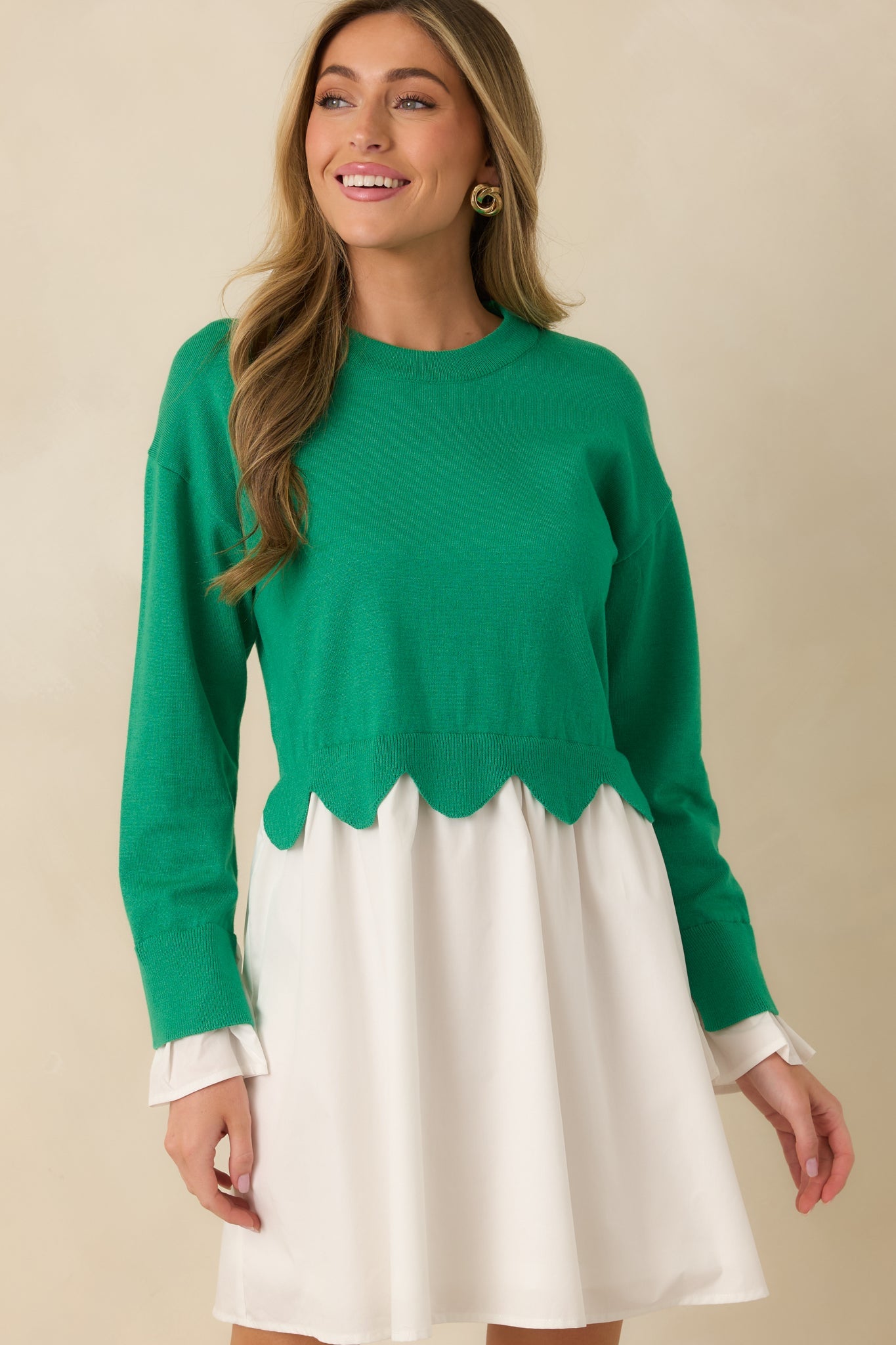Made to Charm Green Scalloped Sweater Mini Dress