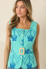 Island Pulse Teal Palm Embroidered Cotton Belted Top