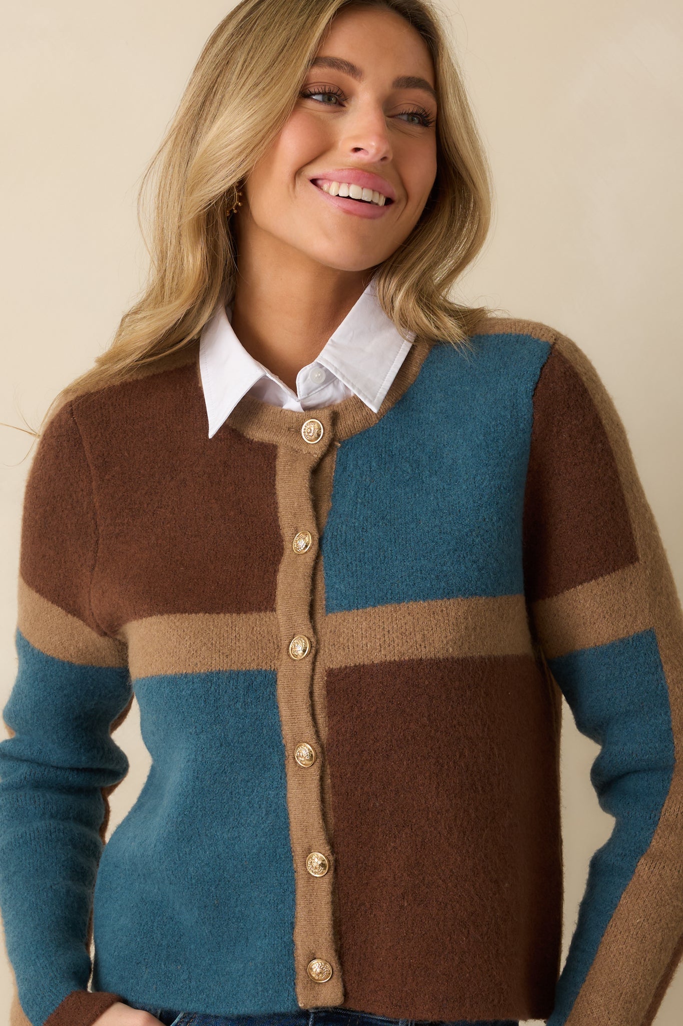 All About Now Brown and Teal Knit Color Block Cardigan Sweater