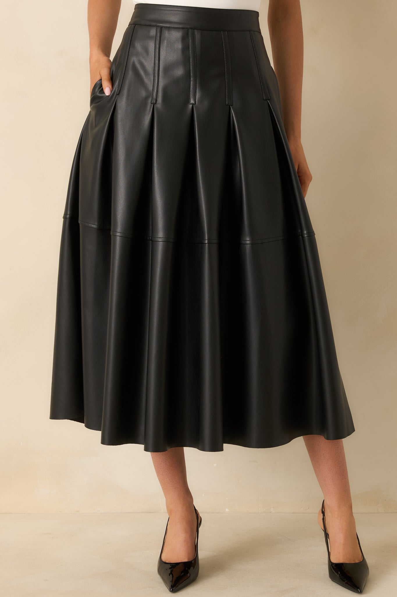 Cut To Perfection Black Faux Leather Pleated Midi Skirt
