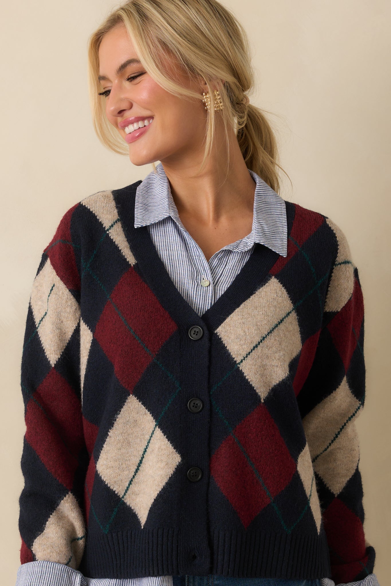 Never Beyond Reach Navy Argyle Button Up Cardigan