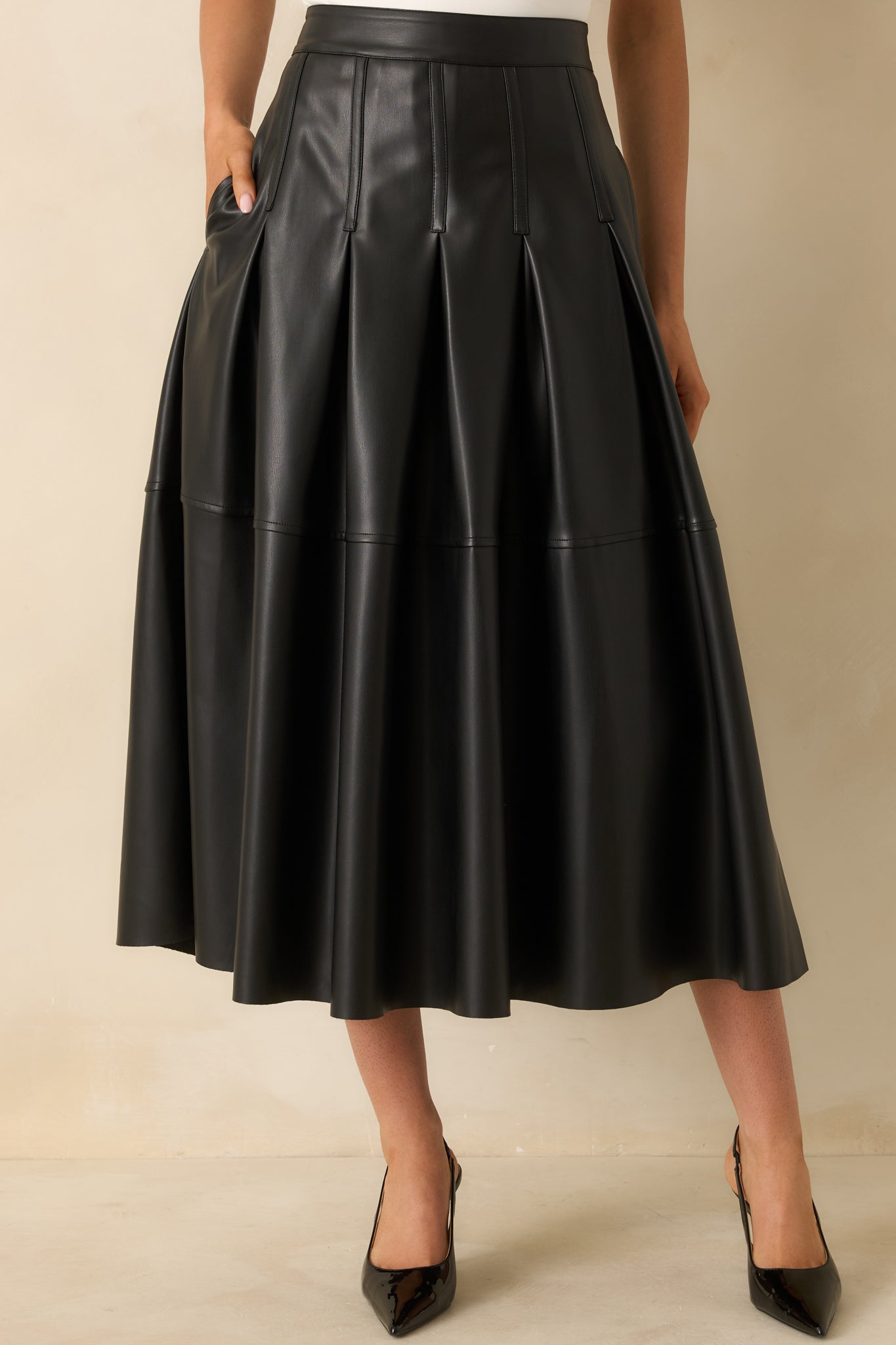 Cut To Perfection Black Faux Leather Pleated Midi Skirt