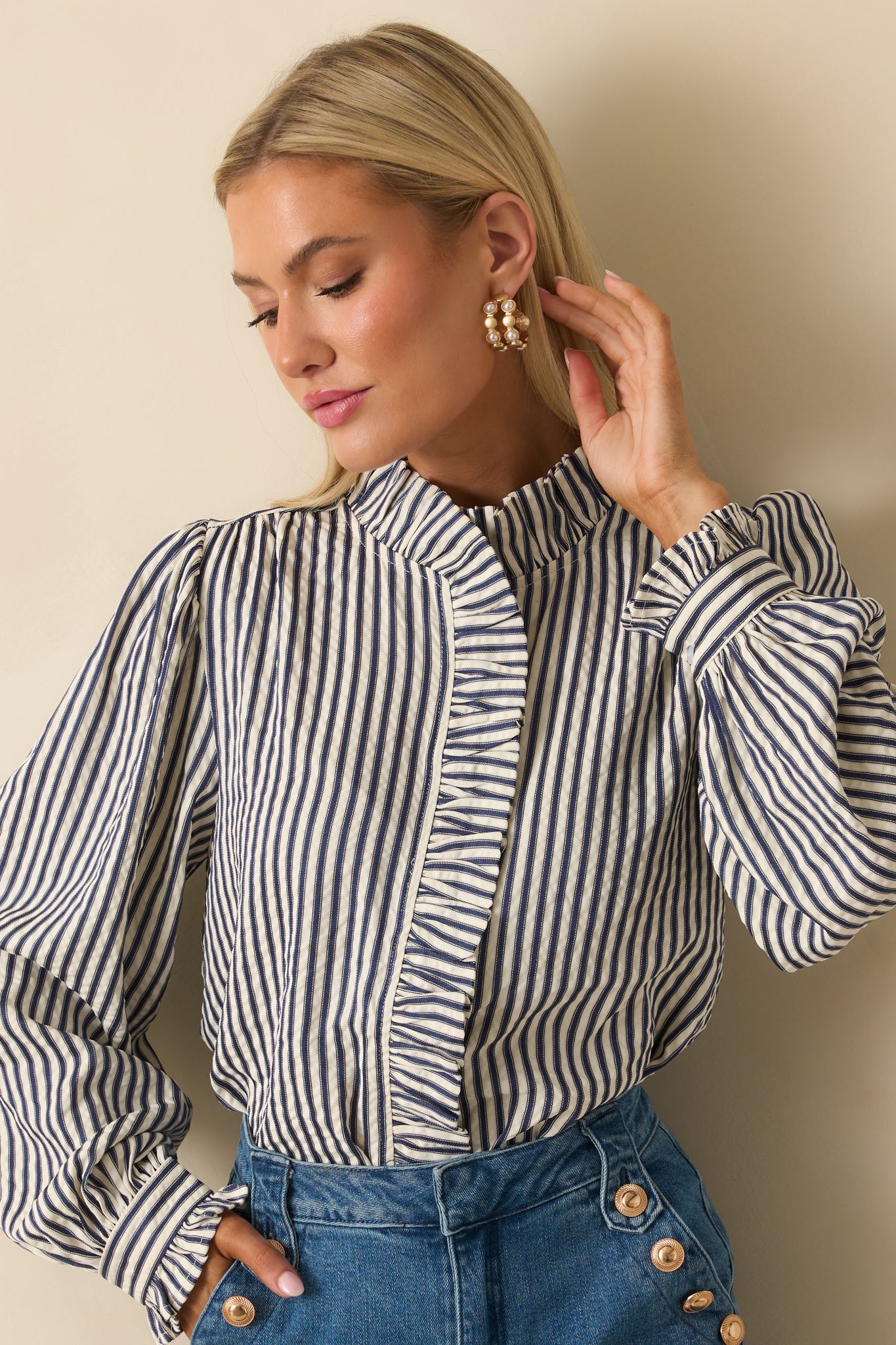 Neatly Noted Navy Blue Striped Seersucker Ruffle Blouse