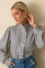 Neatly Noted Navy Blue Striped Seersucker Ruffle Blouse