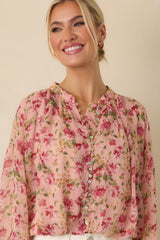 Where Roses Drift Blush Pink Multi Floral Sheer Blouse
