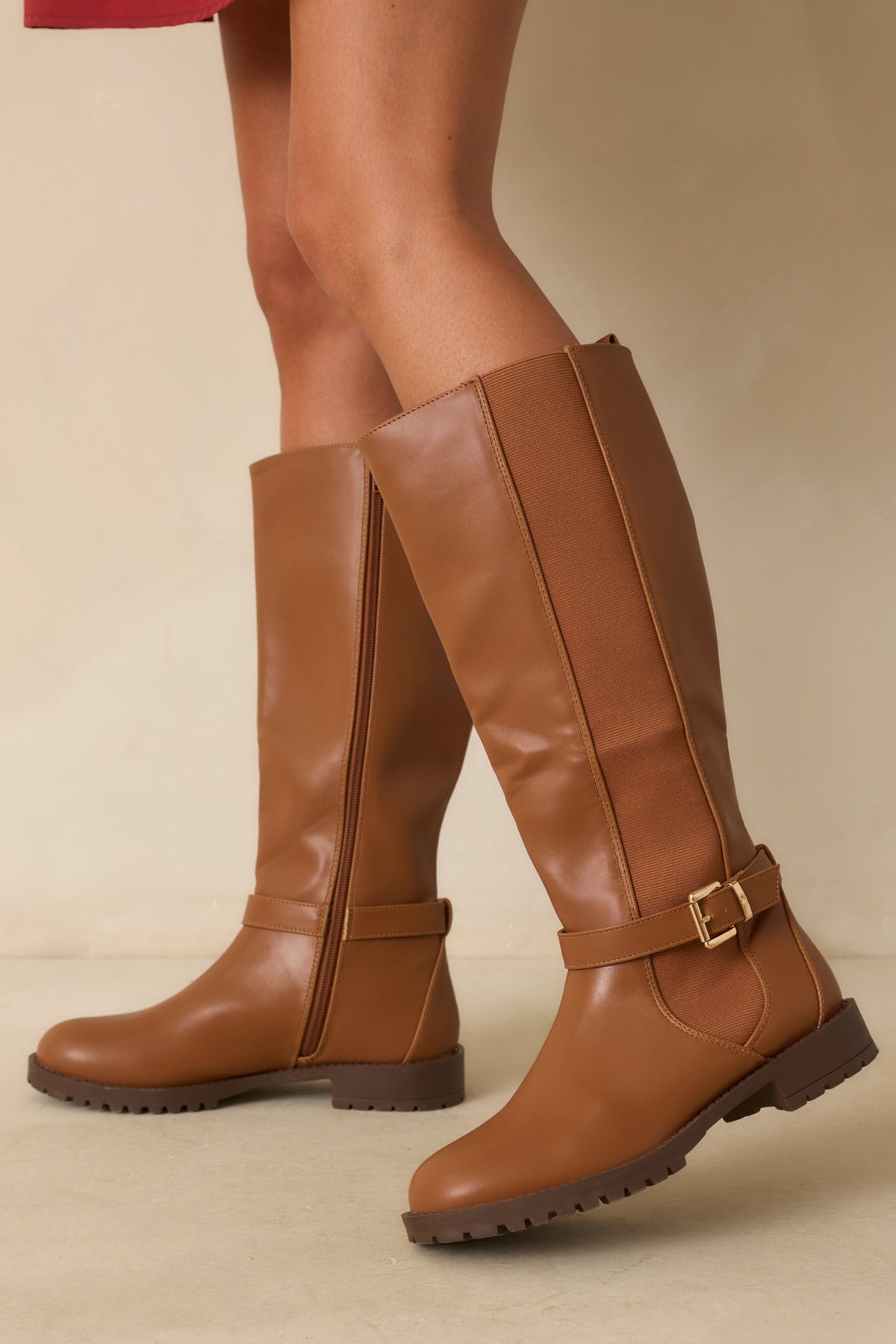 Staying Put Caramel Brown Faux Leather Knee High Riding Boots