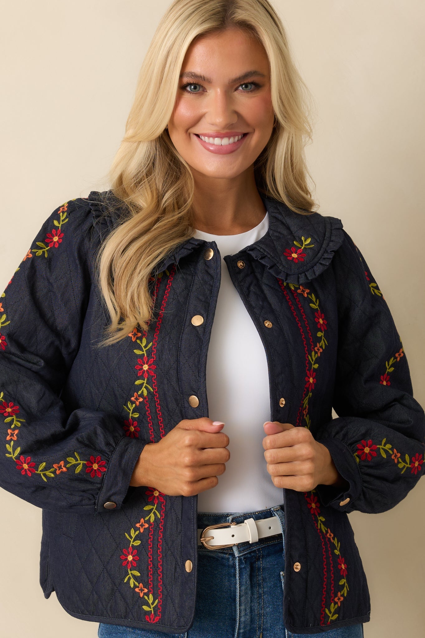 Wildflower Trails Dark Indigo Denim Quilted Embroidered Button Up Jacket