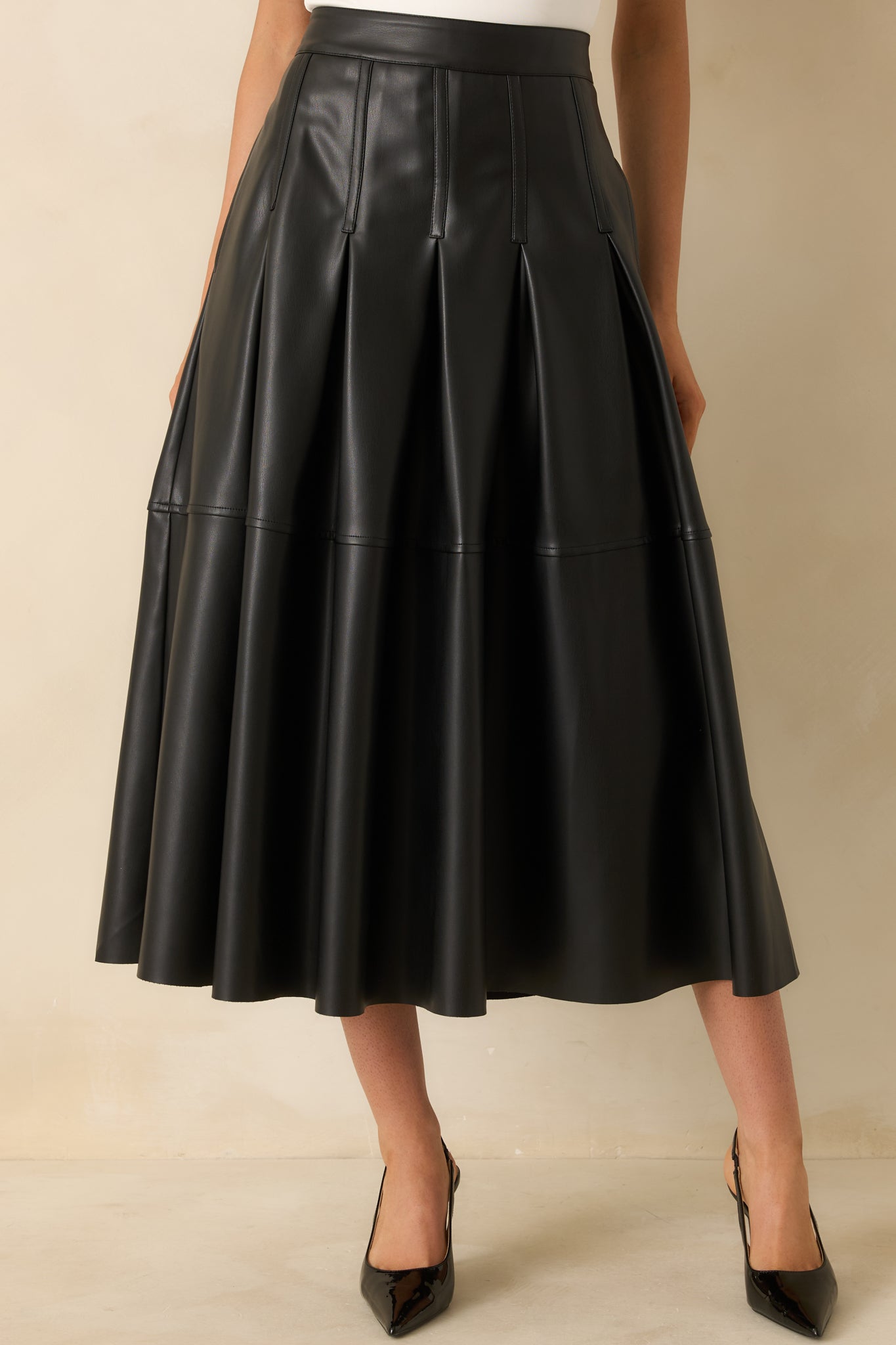 Cut To Perfection Black Faux Leather Pleated Midi Skirt