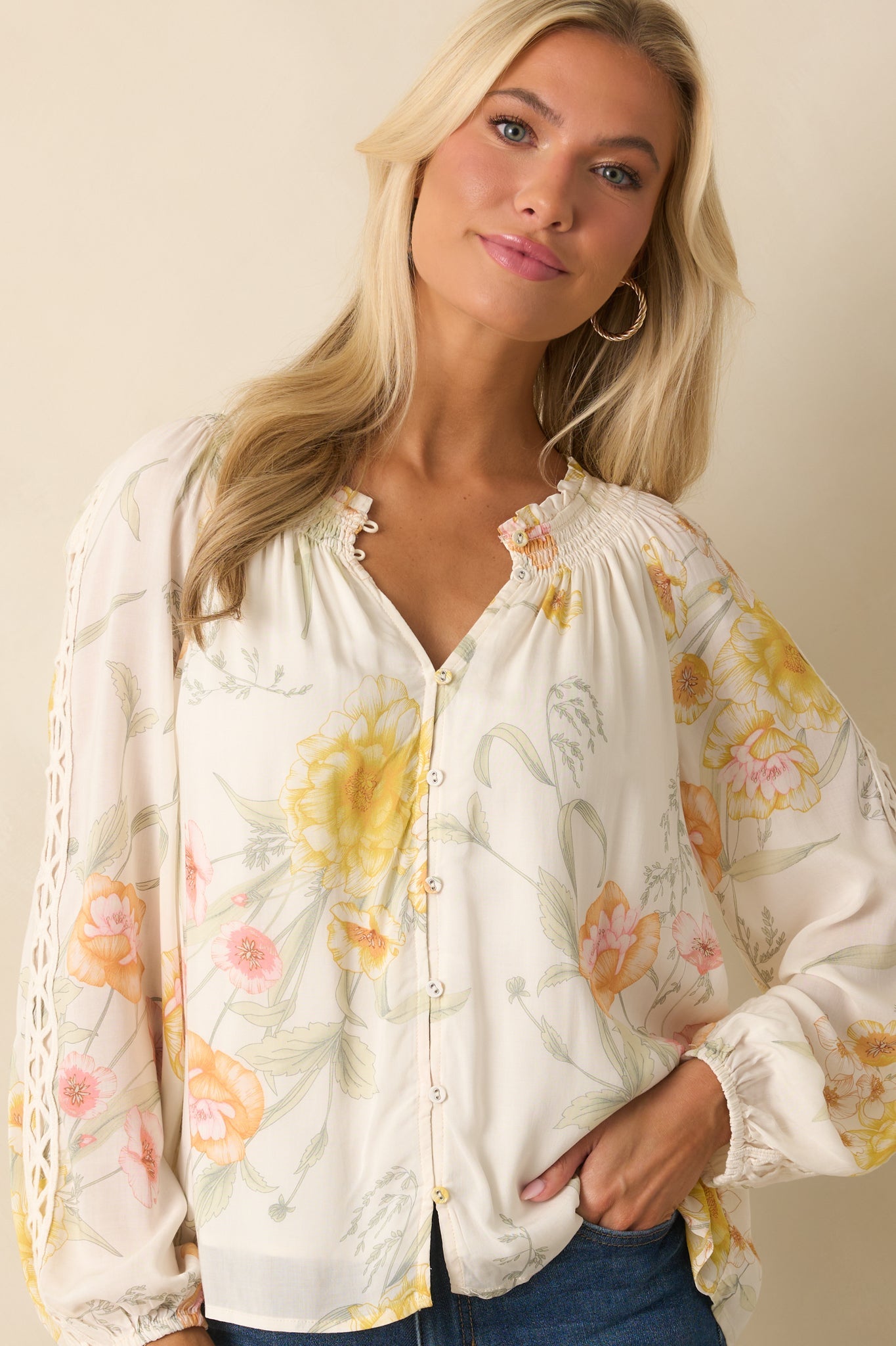 Just Winging It Ivory Multi Floral Print Rayon Long Sleeve Blouse
